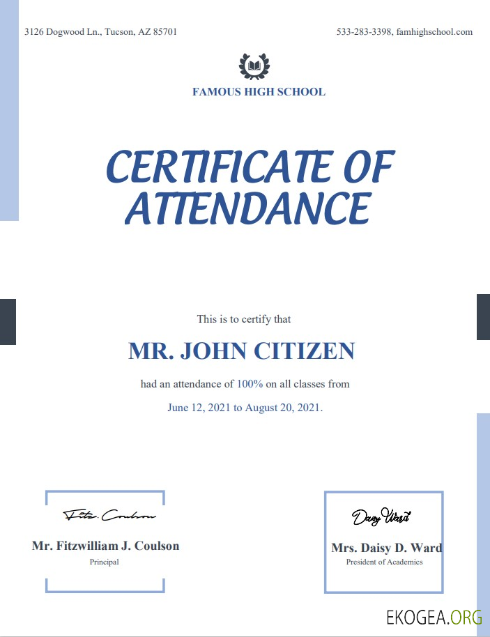 Modèle de certificat de fréquentation aux États Unis au format Word et PDF